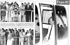 Dignatarios esperando para entrar en el tren monorraíl de Expo'92 (Fotografías ABC).